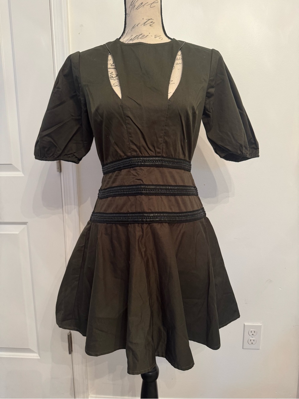 Olive Green Fit-and-Flare Dress with Cutout Detail